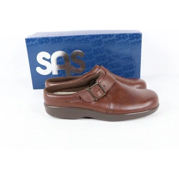New SAS San Antonio Shoemakers Womens 7.5 M Leather Buckle Clogs Shoes Teak USA